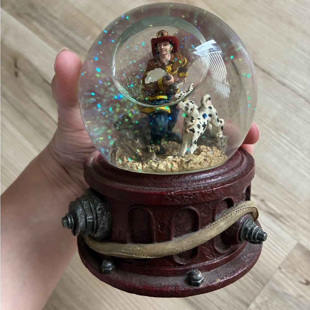 Rustic Red Snow Globe with Firefighter and Dalmatian